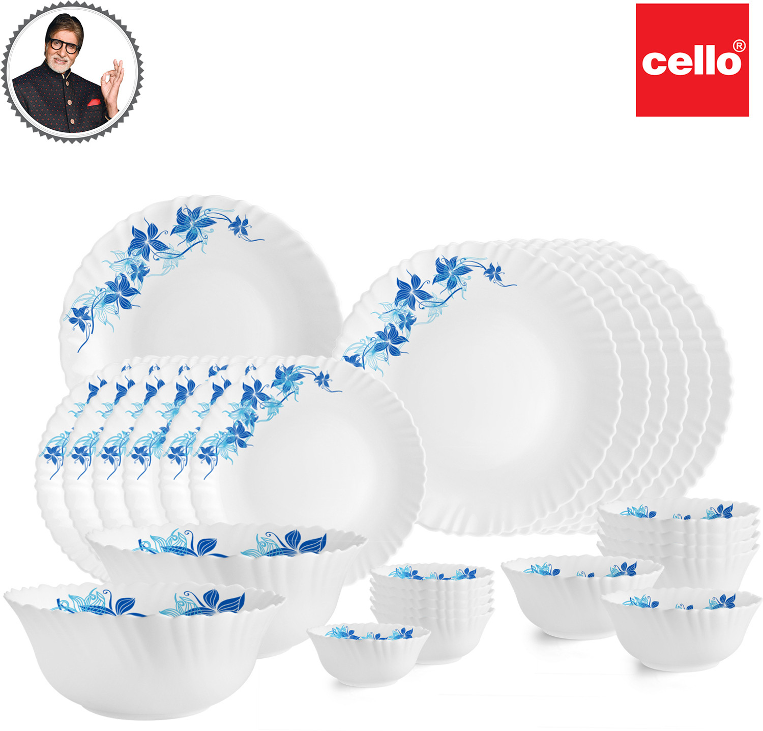 Image of cello Pack of 27 Opalware Dazzle Blue Swirl Crockery Set |Thermal resistant | Easy to Clean | Dinner Set (White, Microwave Safe)