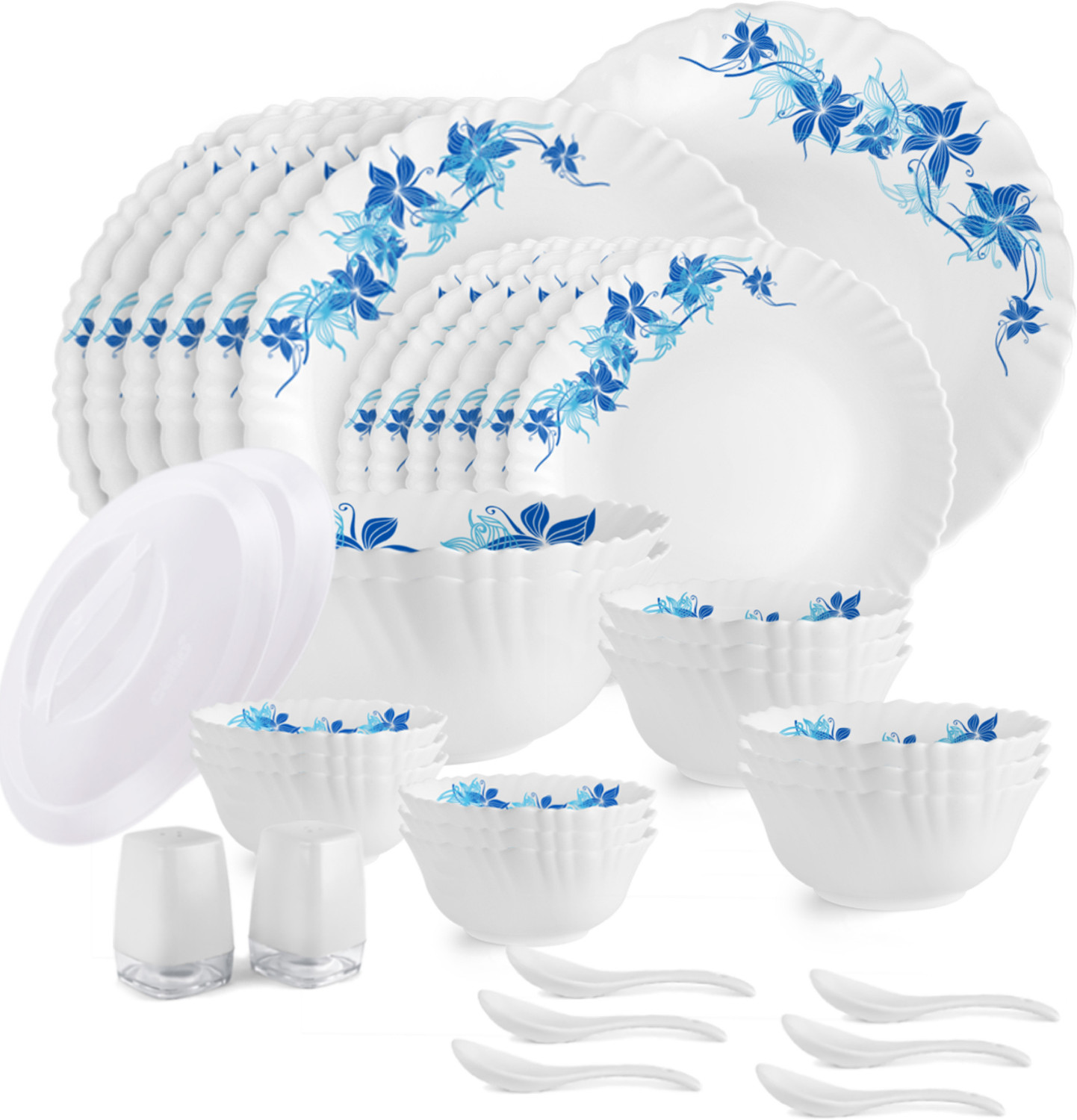 Image of cello Pack of 27 Opalware Dazzle Blue Swirl Crockery Set |Thermal resistant | Easy to Clean | Dinner Set (White, Microwave Safe)