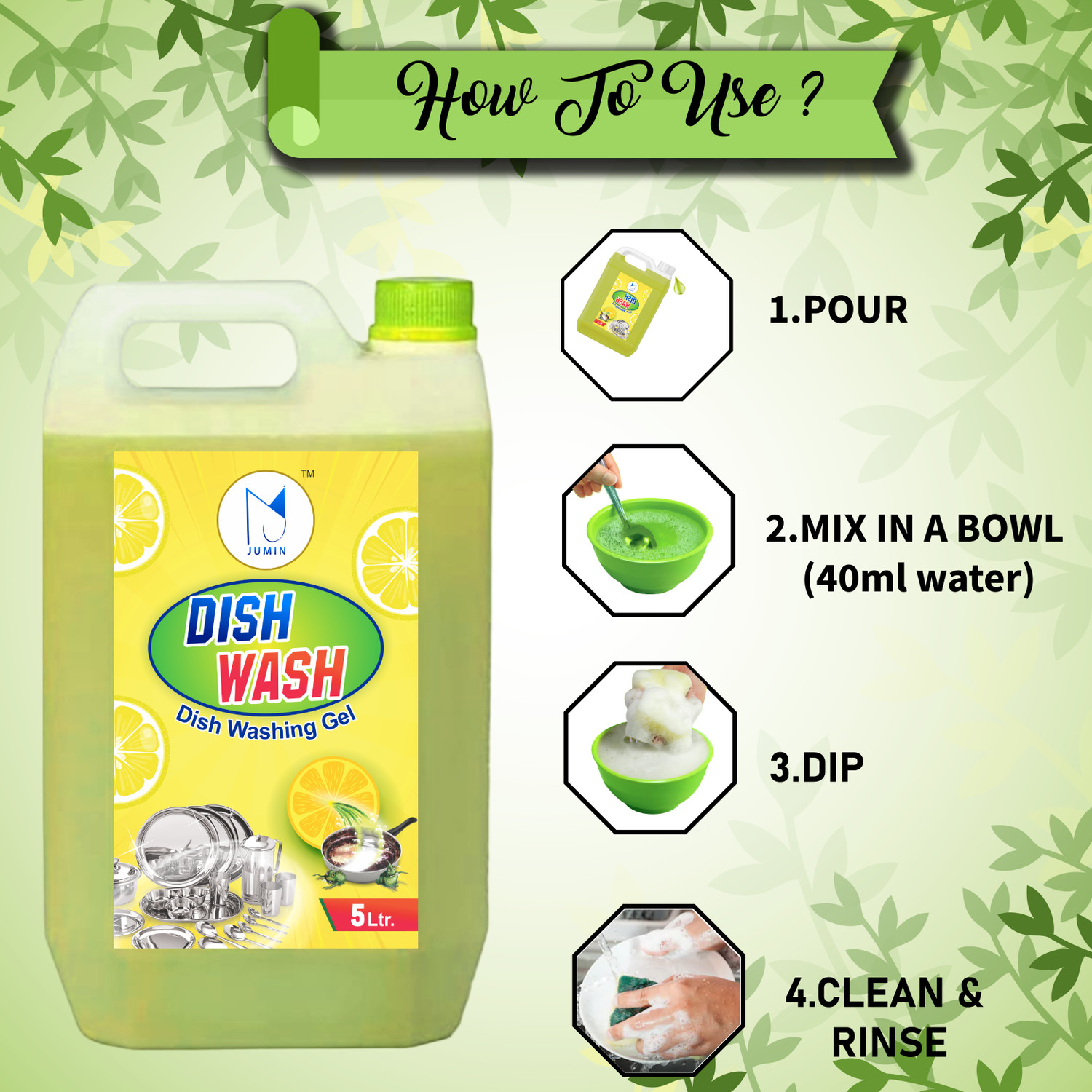 Image of Jumin Dishwash Combo 5L Yellow+5L Green Liquid, Kitchen Utensil Cleaner 10L Dish Cleaning Gel (Lemon, 2 x 5 L)