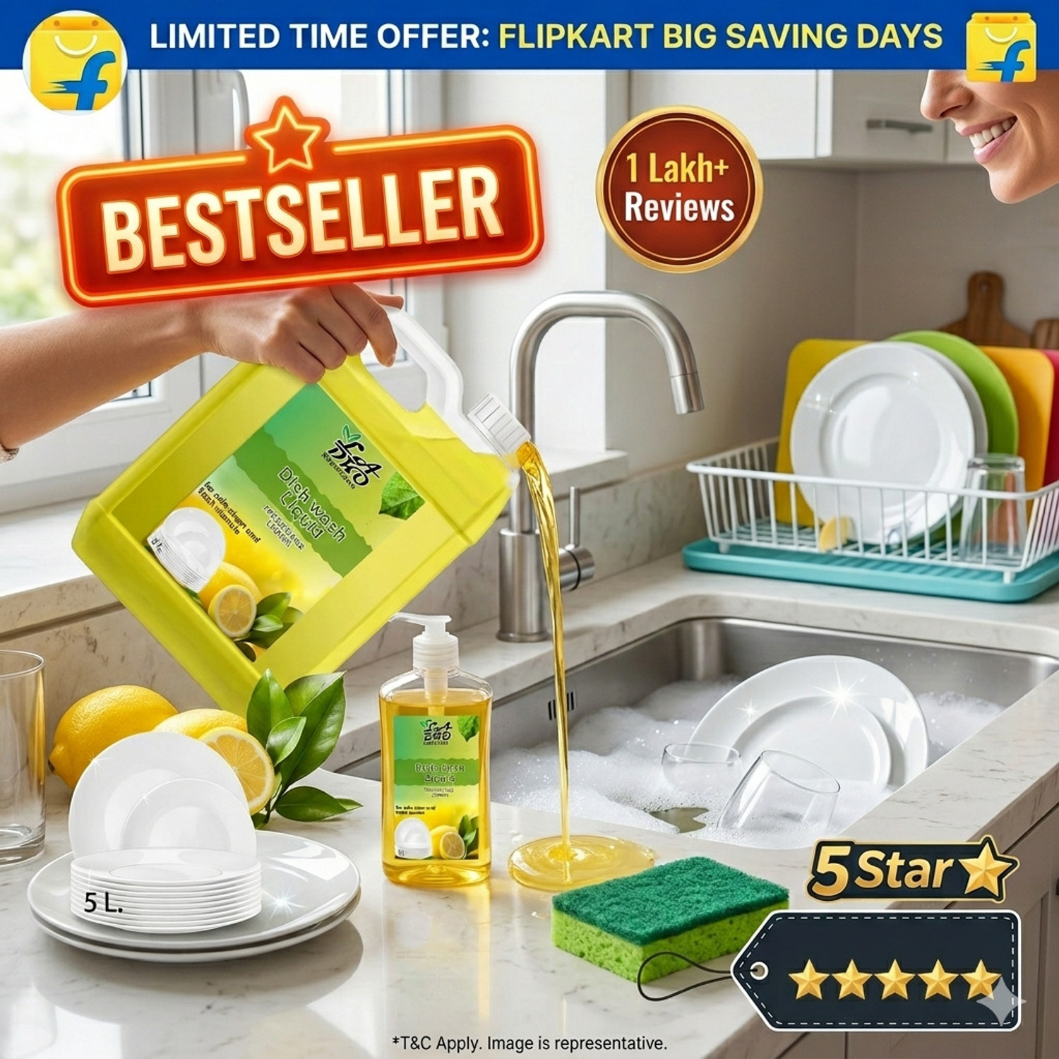 Image of Jumin Dishwash Combo 5L Yellow+5L Green Liquid, Kitchen Utensil Cleaner 10L Dish Cleaning Gel (Lemon, 2 x 5 L)