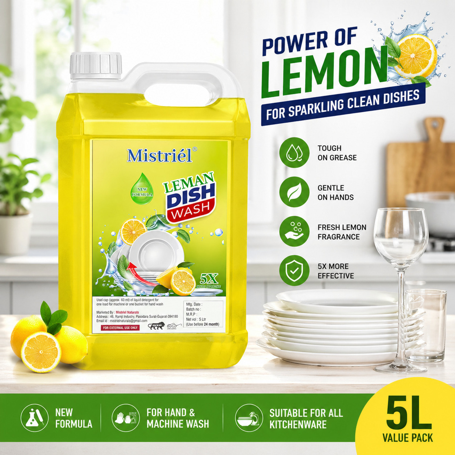 Image of Mistriel Dish Wash Liquid 5L | 5X More Effective Grease Cleaner |Suitable for Kitchenware Dish Cleaning Gel (LEMON, 5 L)