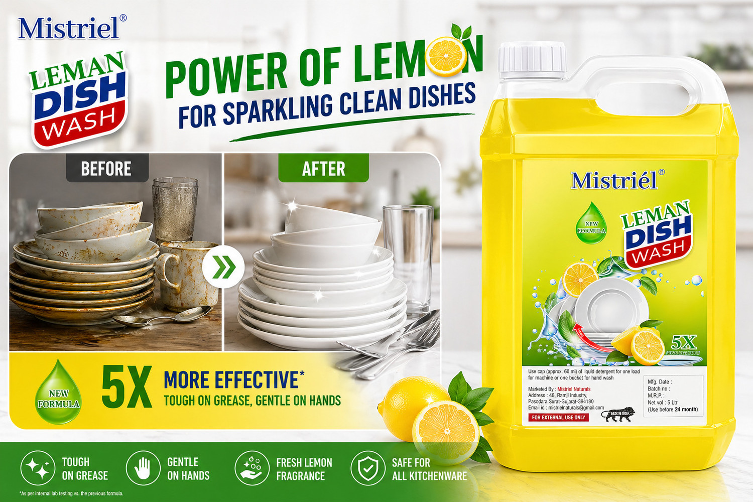 Image of Mistriel Dish Wash Liquid 5L | 5X More Effective Grease Cleaner |Suitable for Kitchenware Dish Cleaning Gel (LEMON, 5 L)