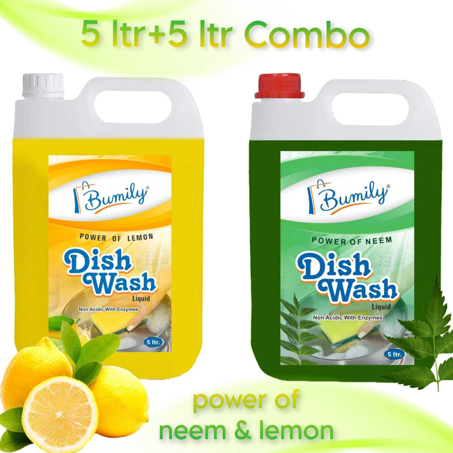 Image of Bumily dish wash cleaning gel power of lemon & neem fragrance non acidic(5+5ltr combo) Dish Cleaning Gel (multi-fragrance, 10 L)