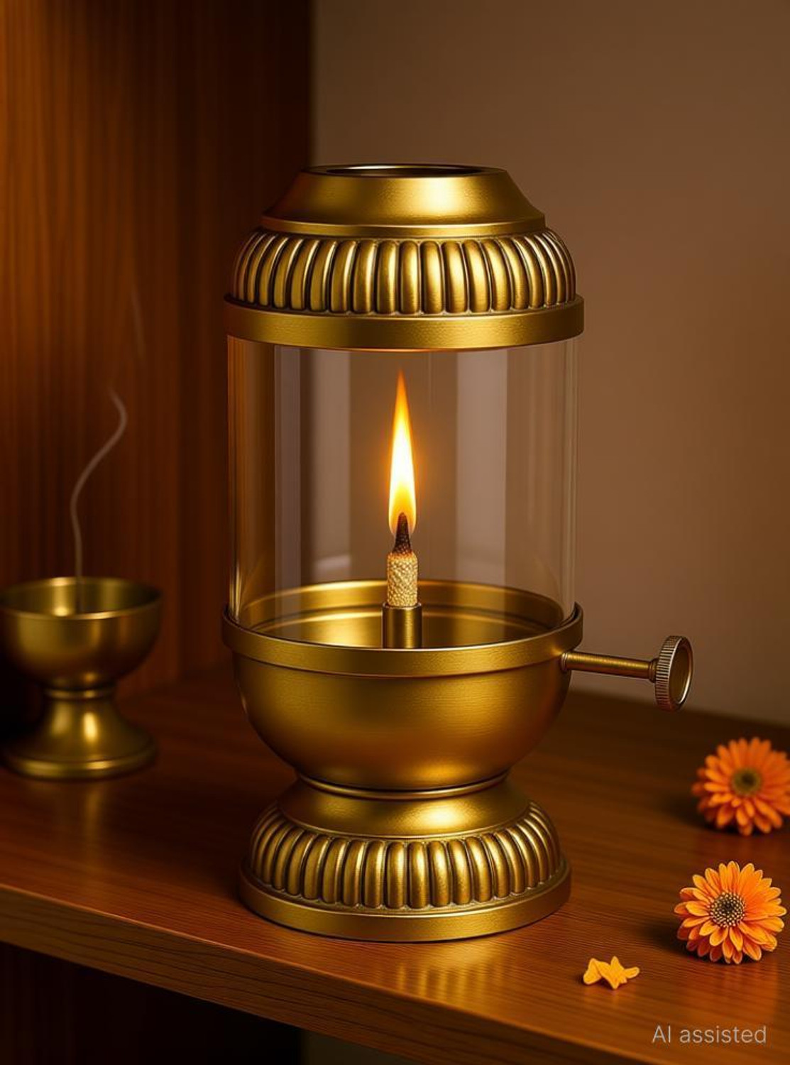 Image of MLS HANDICRAFTS Divya Jyot Adjustable Brass Oil Lamp Brass Table Diya (Height: 8.75 inch)