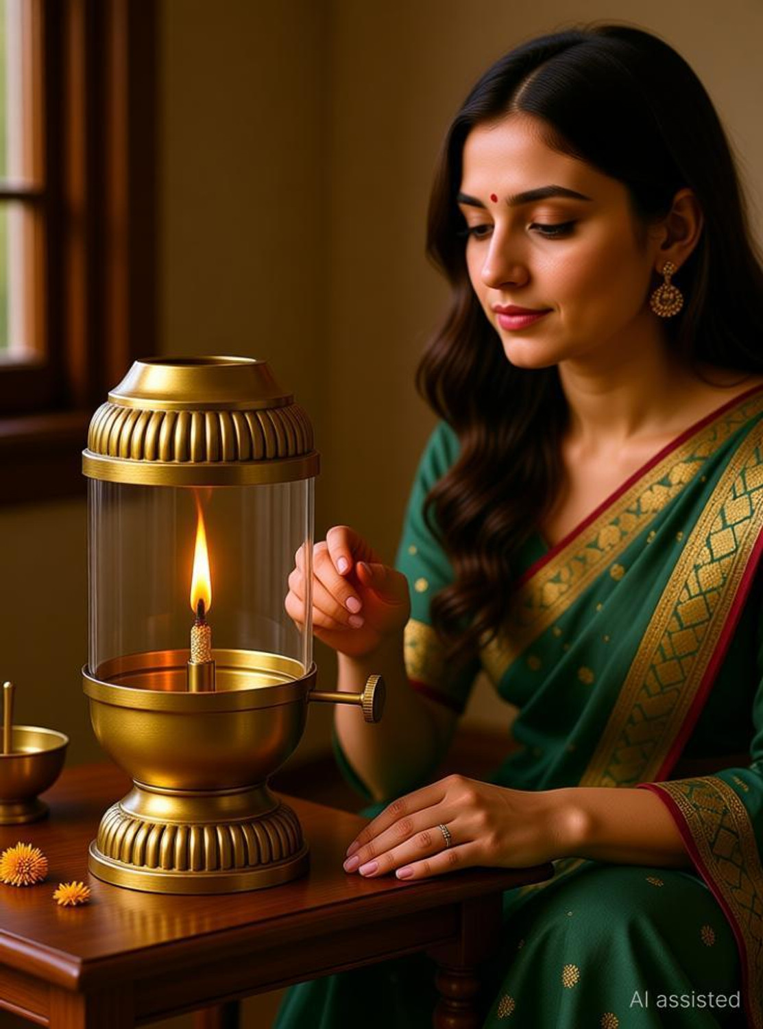 Image of MLS HANDICRAFTS Divya Jyot Adjustable Brass Oil Lamp Brass Table Diya (Height: 8.75 inch)