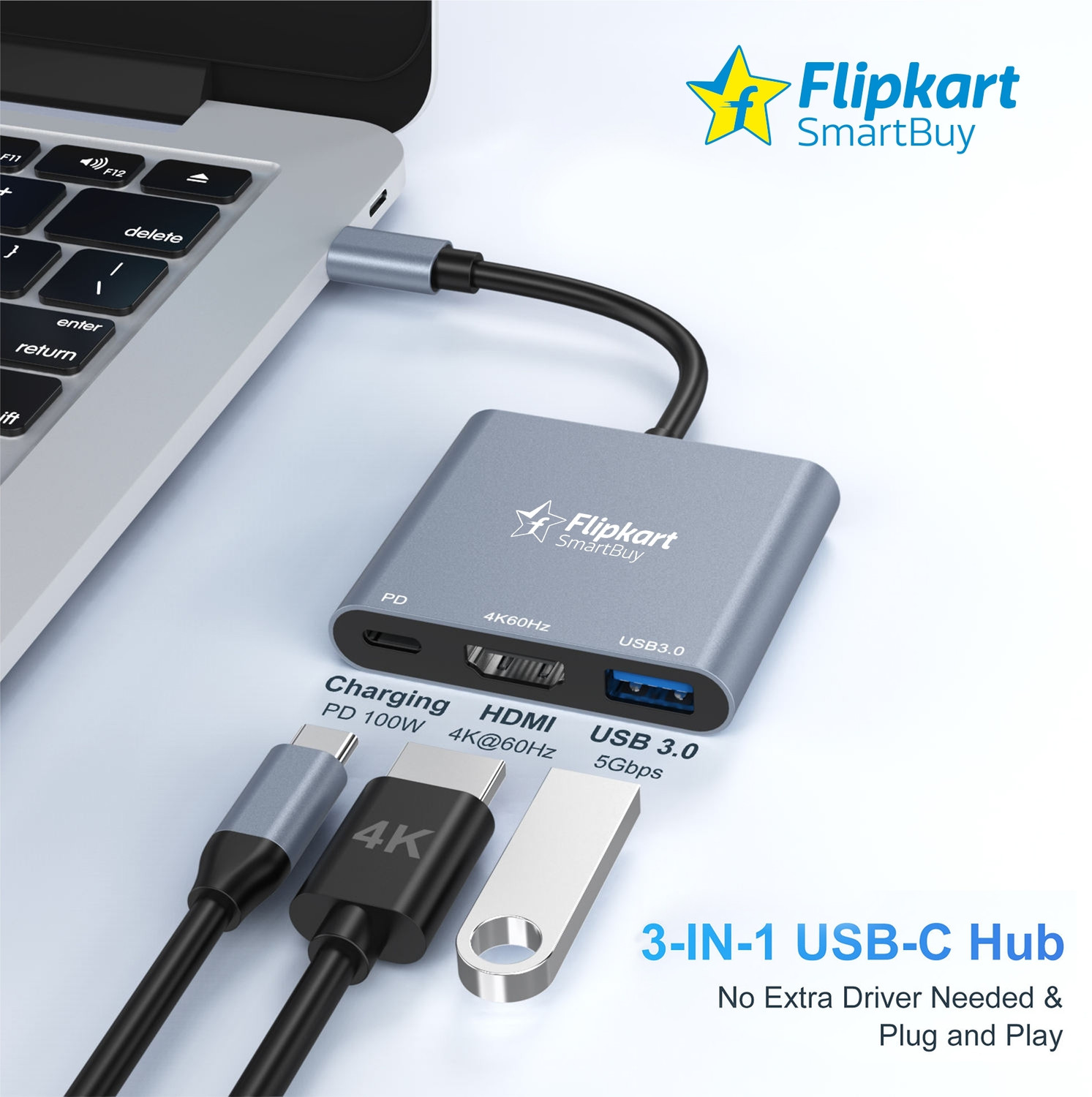 Flipkart SmartBuy 3-in-1 Type-C Hub HDMI 4K PD 100W USB 3.0 Aluminium - Image 1