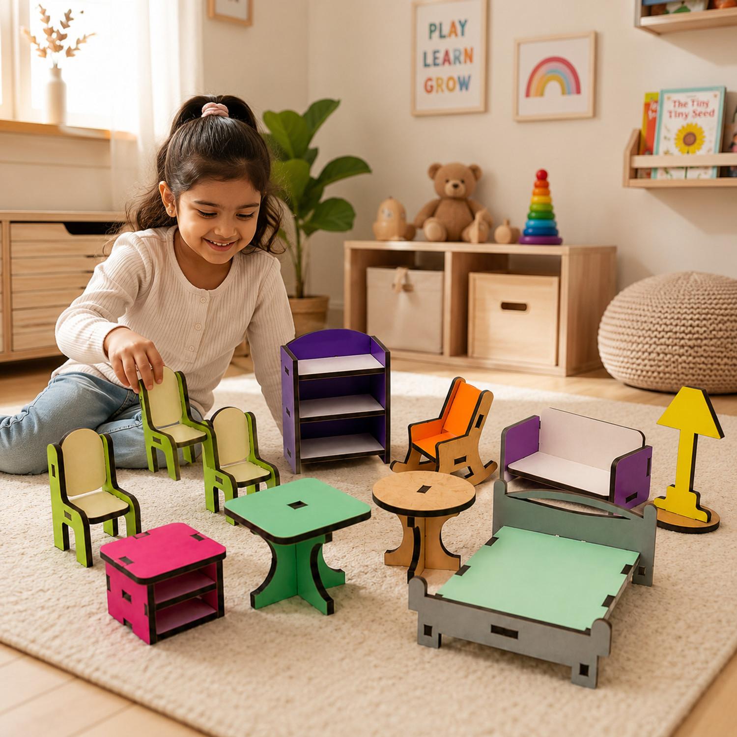 WoodyTales Wooden Doll House Coloured Mini Furniture Set for Kids (Multicolor) - Image 1