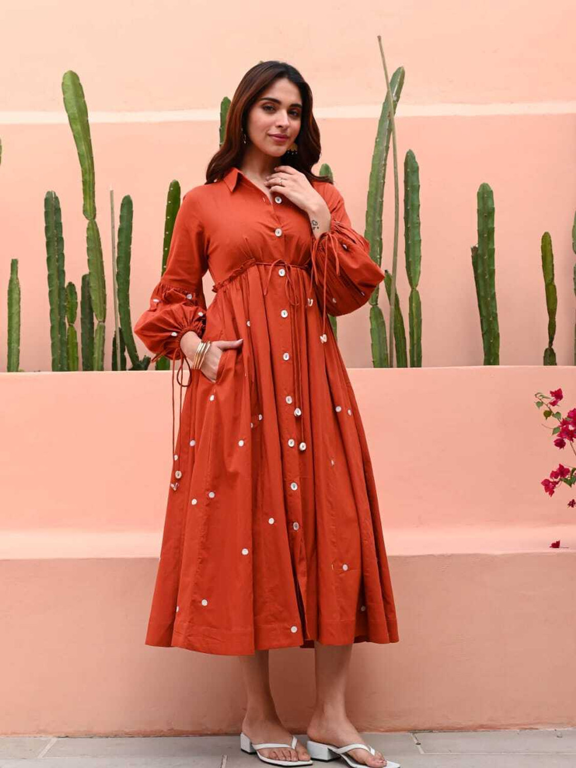 Image of Kharoliya Women Fit and Flare Orange Midi /Calf Length Dress