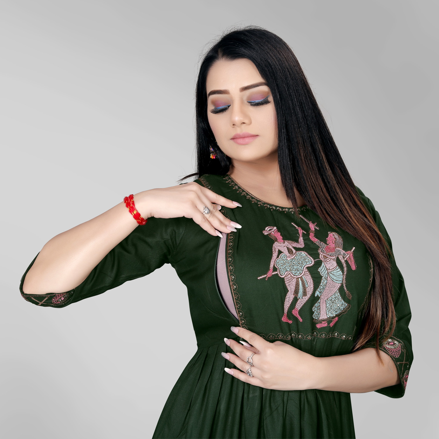 Image of sheladiya Women Fit and Flare Dark Green Midi /Calf Length Dress