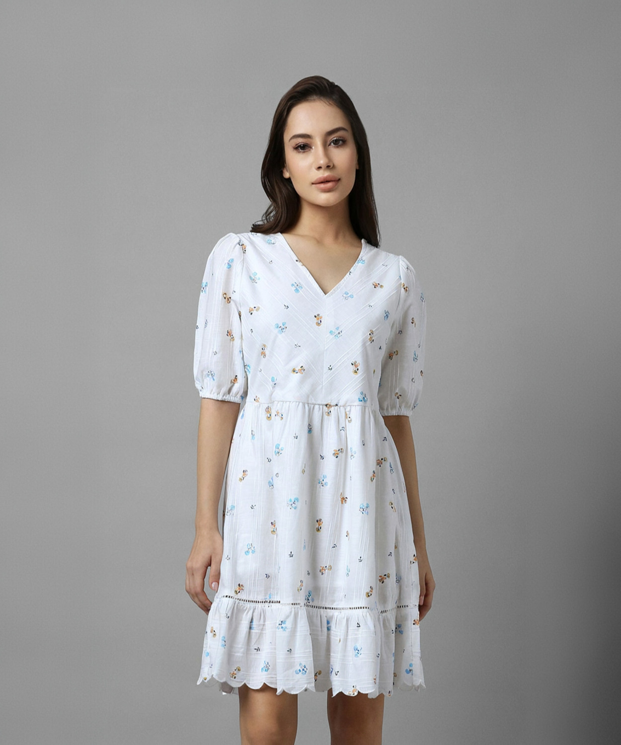 Image of Allen Solly Women A-line Green, White Above Knee /Mid Thigh Length Dress