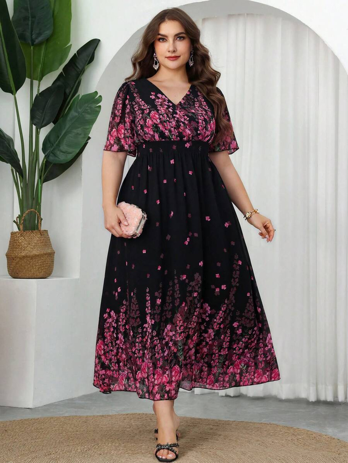 Image of RJH Cotton Linen Stitched Flared /A-line Gown (Pink)