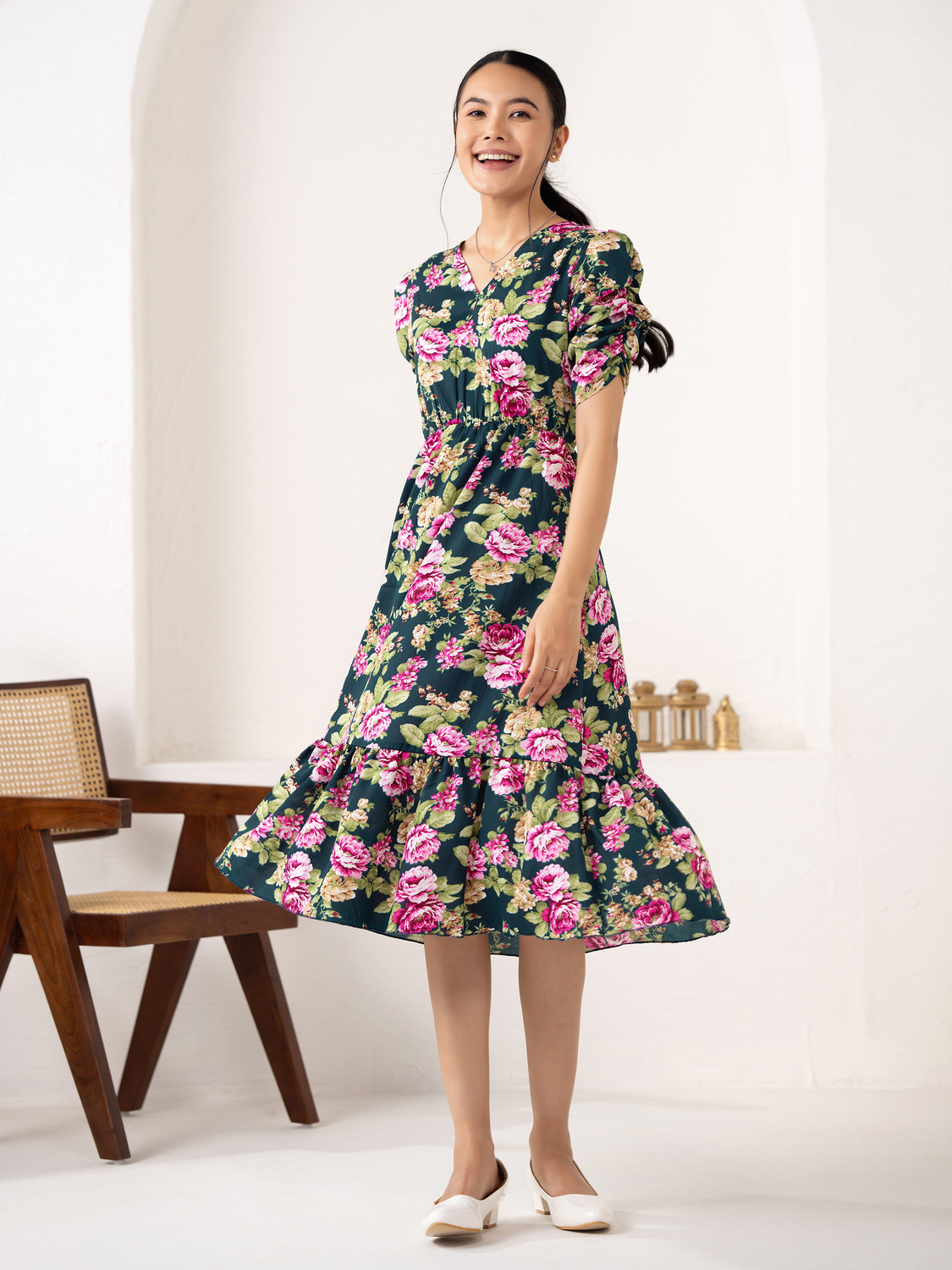 Image of Oomph! Women Ruffled Multicolor Knee Length Dress