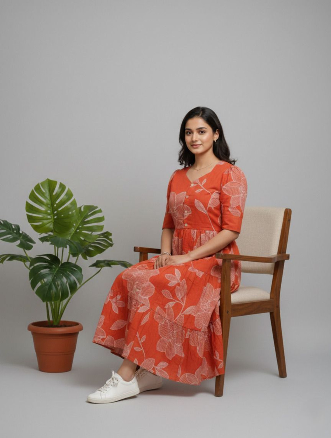 Image of Gulabo Women Fit and Flare Orange Midi /Calf Length Dress