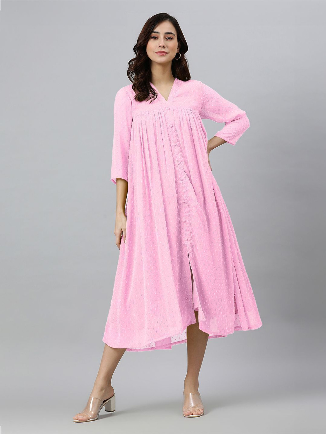 Image of Janasya Women A-line Pink Midi /Calf Length Dress