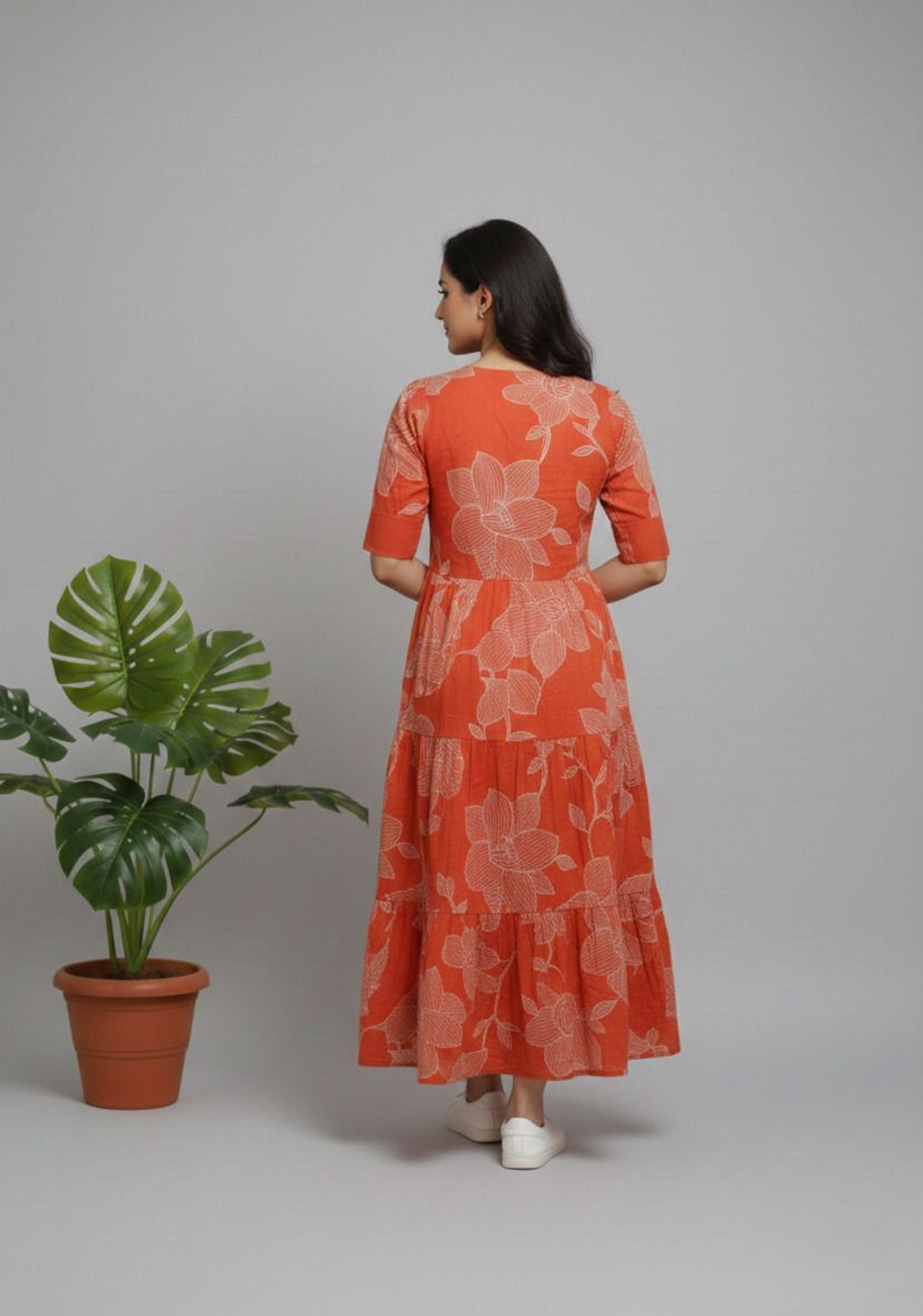 Image of Gulabo Women Fit and Flare Orange Midi /Calf Length Dress