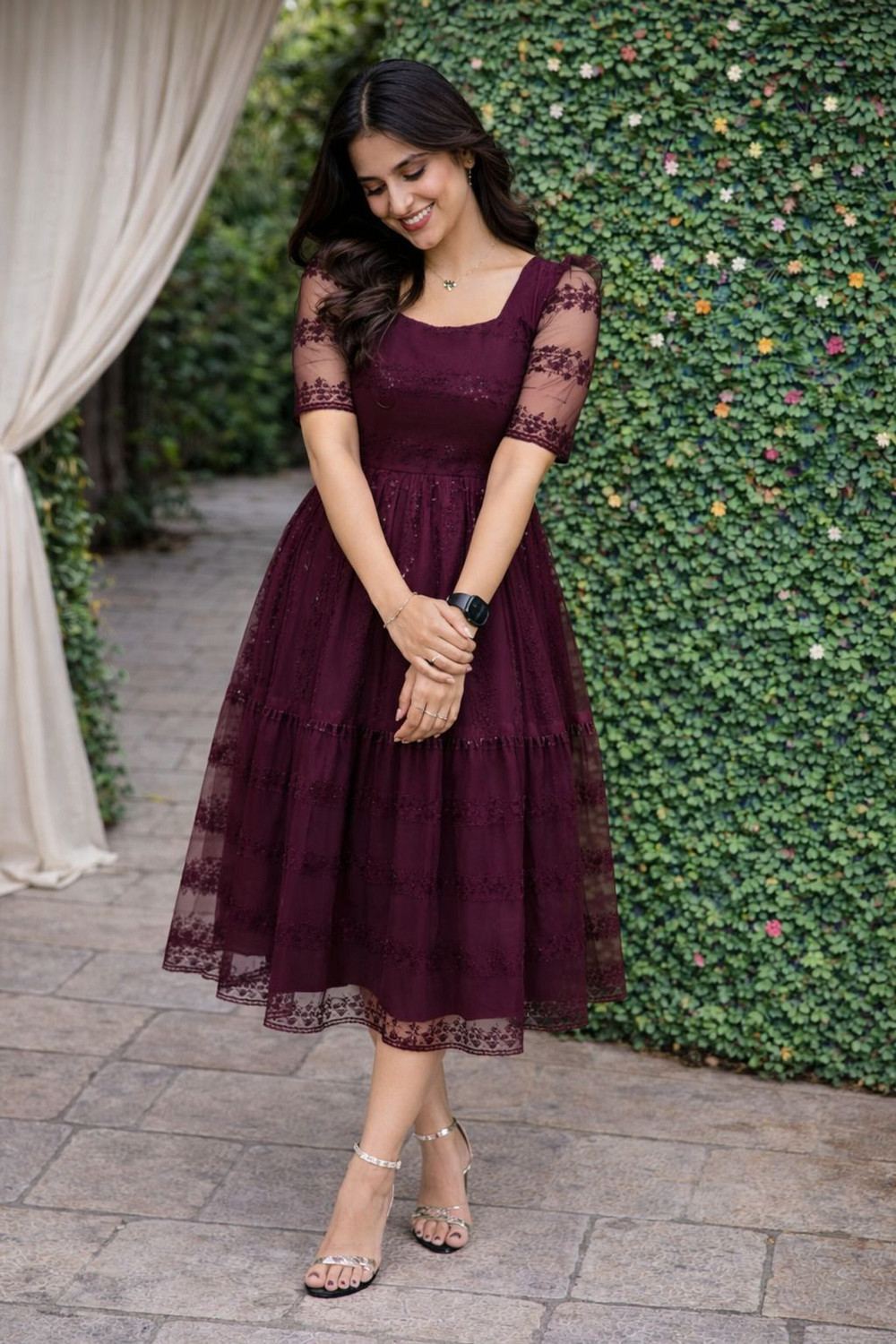 Image of Nyari Wear Women Fit and Flare Maroon Above Knee /Mid Thigh Length Dress