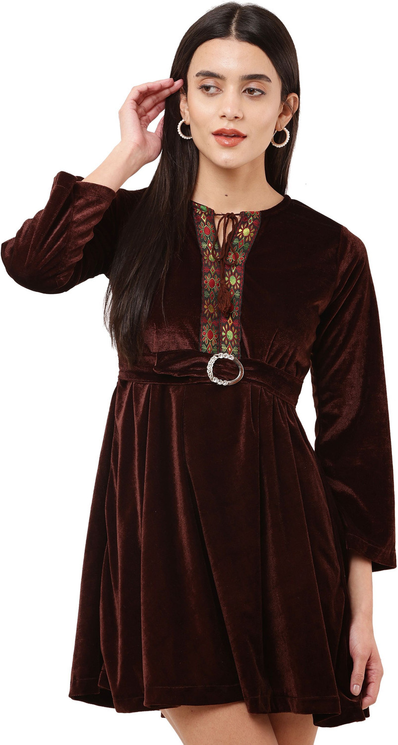 Image of ANUOM Women Fit and Flare Maroon Midi /Calf Length Dress