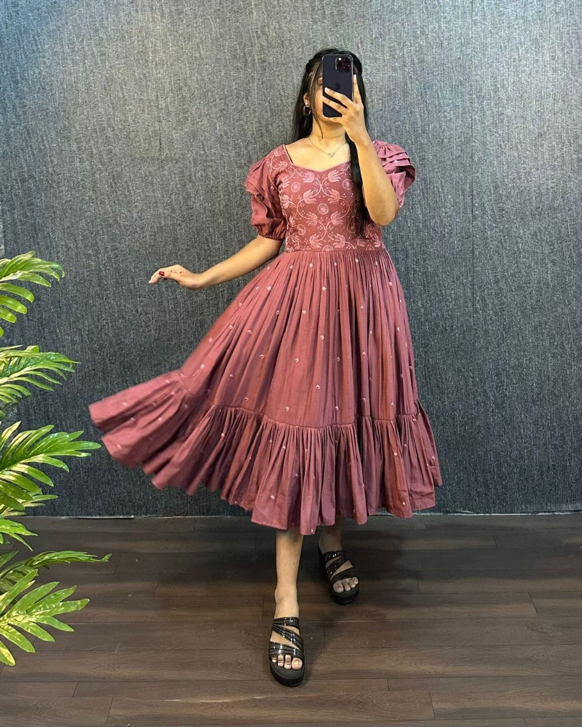 Image of RJH Cotton Linen Stitched Flared /A-line Gown (Pink)