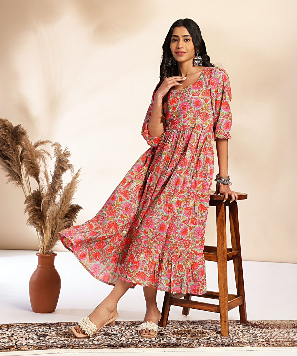 Image of Janasya Women A-line Pink Midi /Calf Length Dress