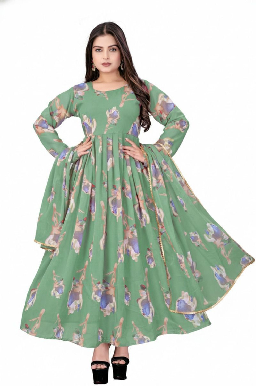 Image of LUCKYGARMENT Women Fit and Flare Green Ankle Length Dress