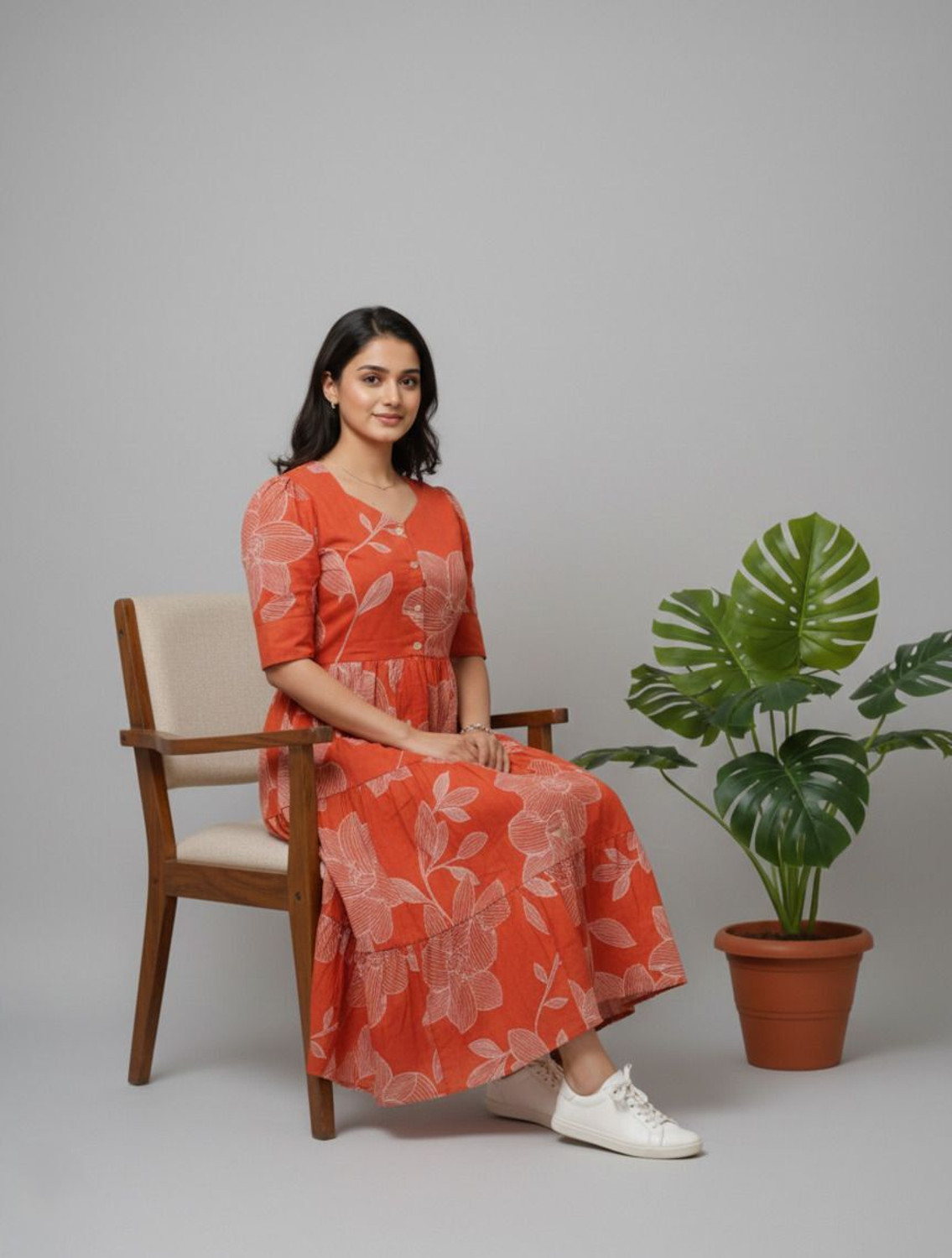 Image of Gulabo Women Fit and Flare Orange Midi /Calf Length Dress