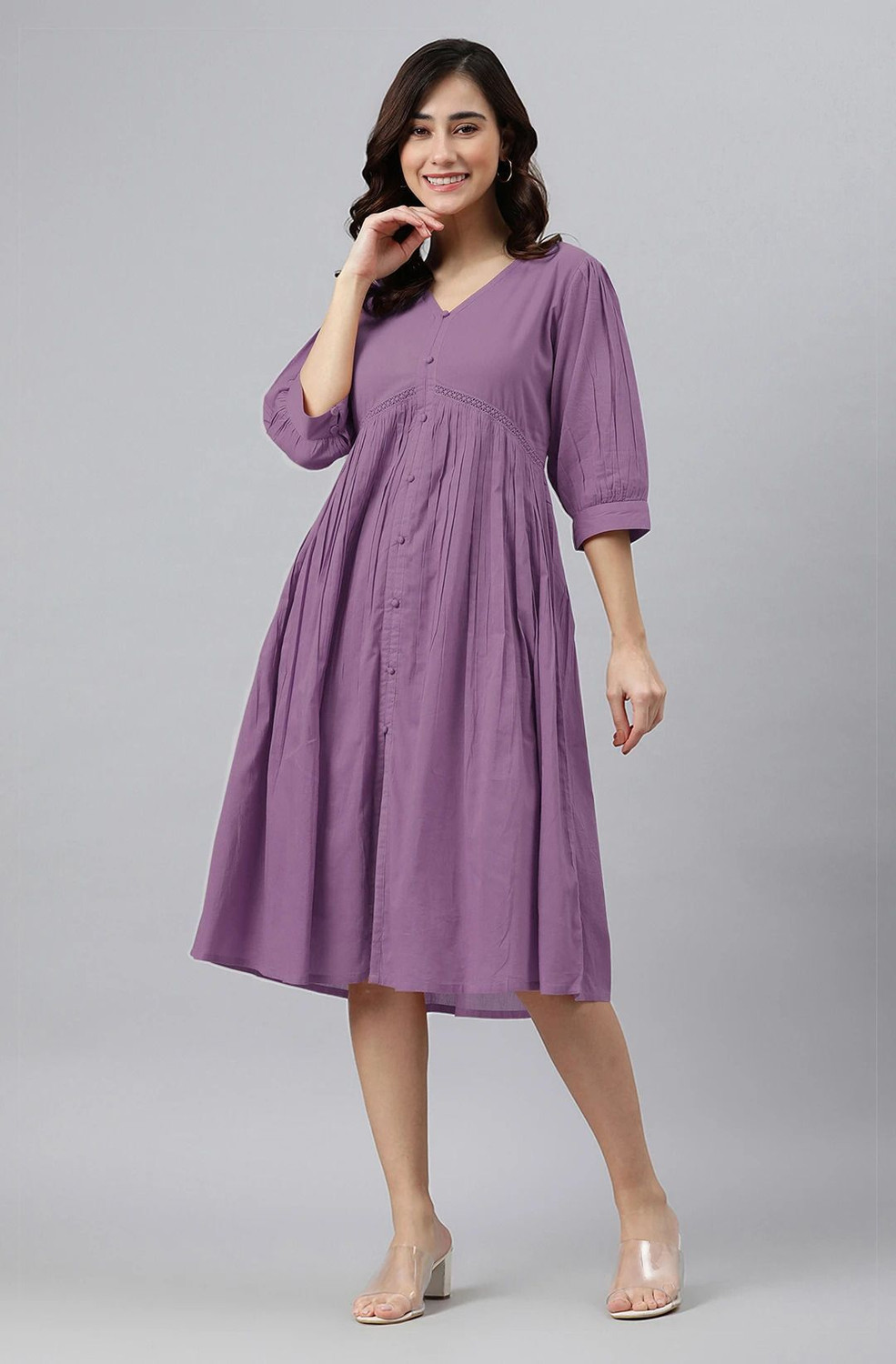 Image of Janasya Women A-line Pink Midi /Calf Length Dress