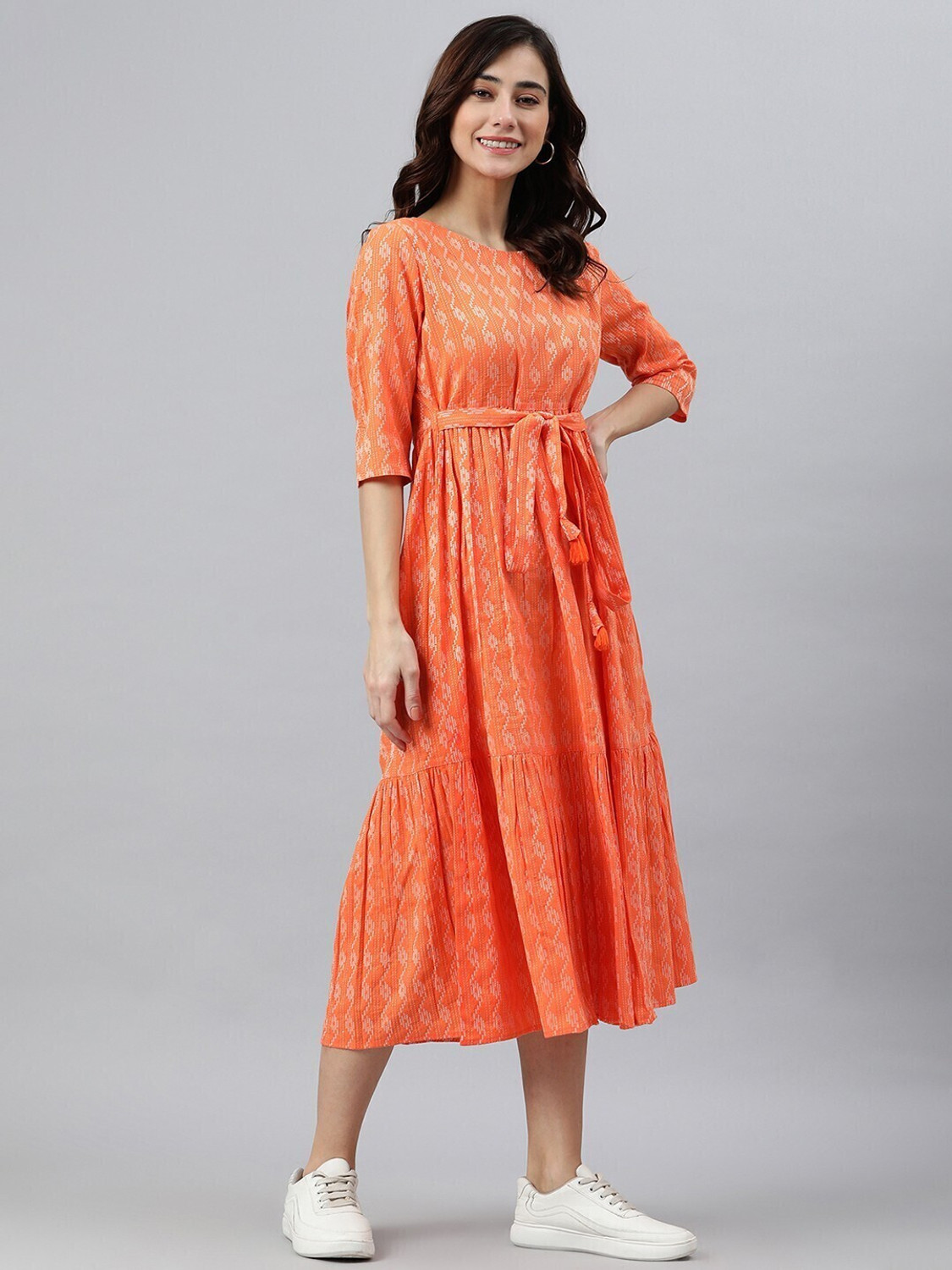 Image of Kharoliya Women Fit and Flare Orange Midi /Calf Length Dress