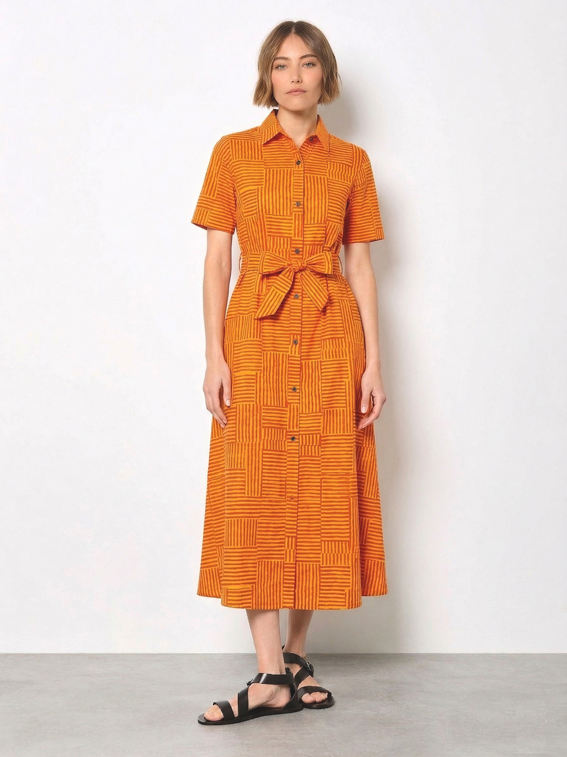 Image of Kharoliya Women Fit and Flare Orange Midi /Calf Length Dress