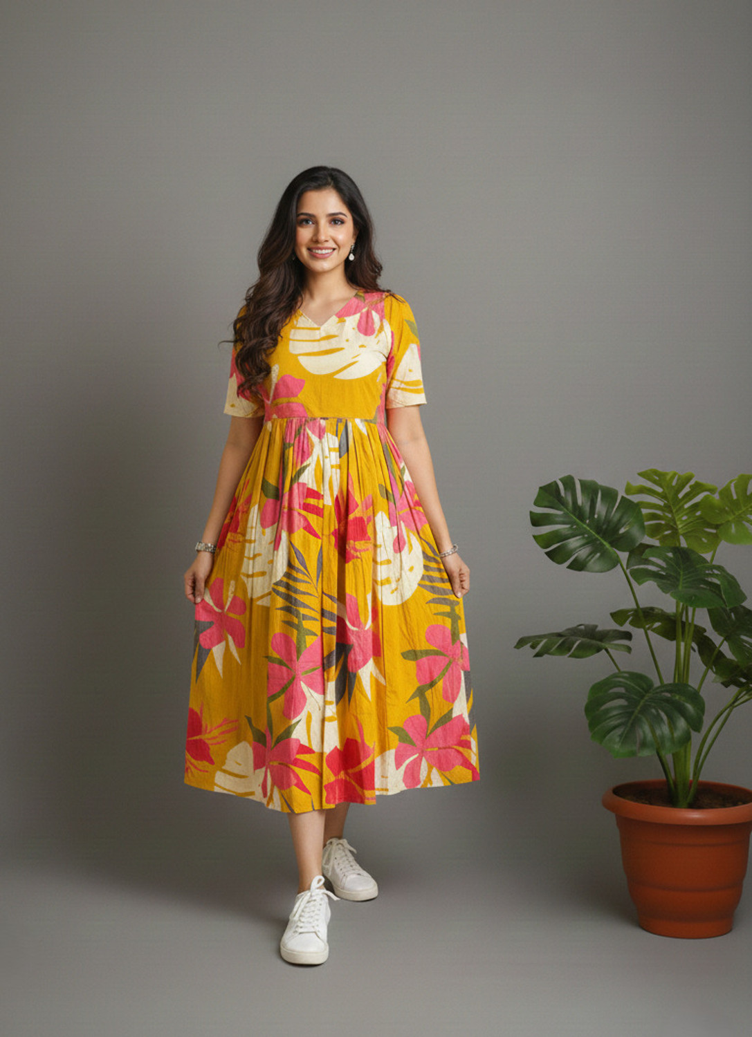 Image of Gulabo Women Fit and Flare Orange Midi /Calf Length Dress