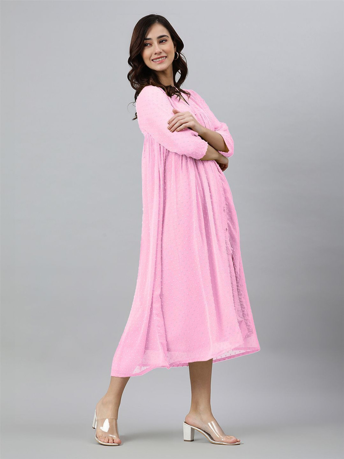 Image of Janasya Women A-line Pink Midi /Calf Length Dress