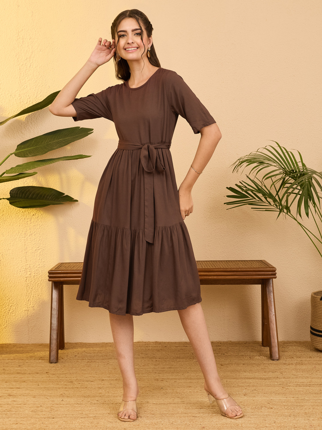 Image of Nyari Wear Women Fit and Flare Maroon Above Knee /Mid Thigh Length Dress