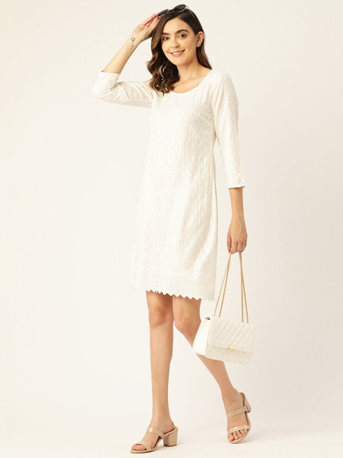 Image of BRINNS Women A-line White Knee Length Dress