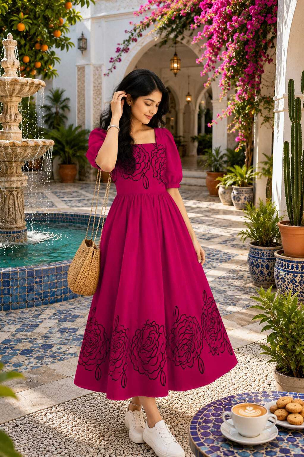 fentik.com Women Pink Fit and Flare Maxi Dress - Image 1