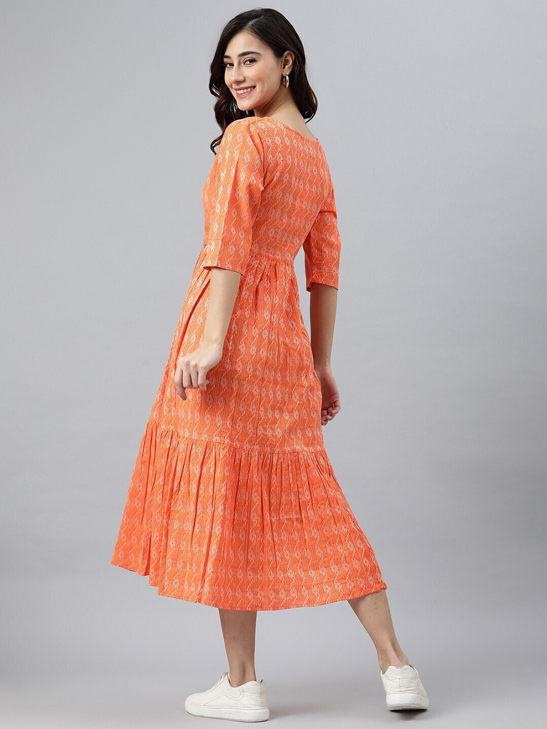 Image of Kharoliya Women Fit and Flare Orange Midi /Calf Length Dress