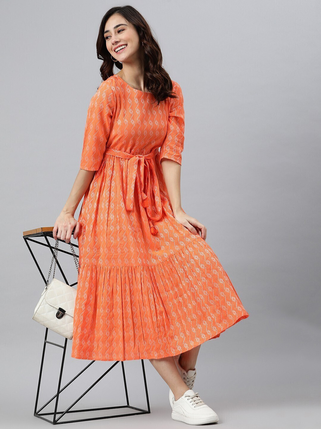 Image of Kharoliya Women Fit and Flare Orange Midi /Calf Length Dress