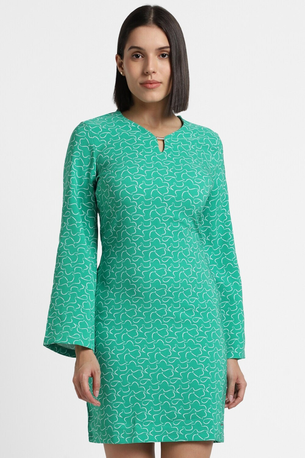 Image of Allen Solly Women A-line Green, White Above Knee /Mid Thigh Length Dress