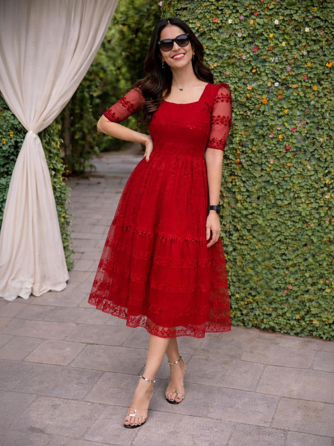 Image of Nyari Wear Women Fit and Flare Maroon Above Knee /Mid Thigh Length Dress