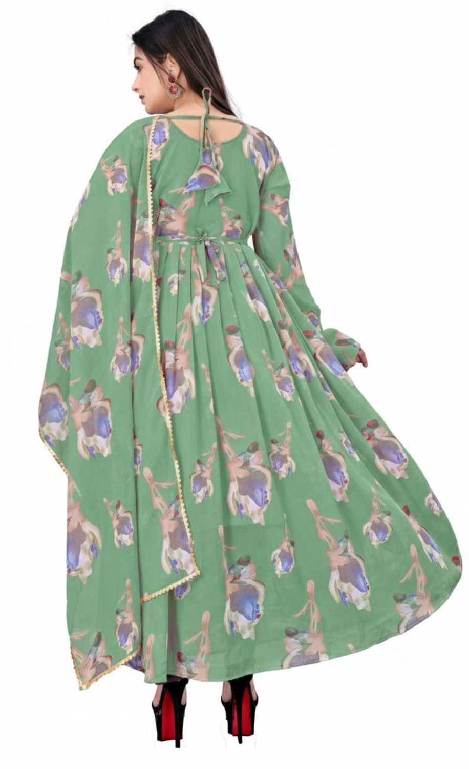 Image of LUCKYGARMENT Women Fit and Flare Green Ankle Length Dress