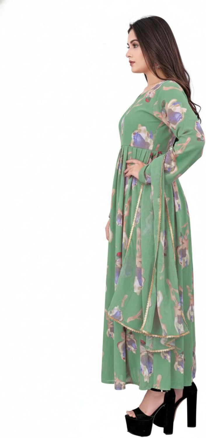 Image of LUCKYGARMENT Women Fit and Flare Green Ankle Length Dress