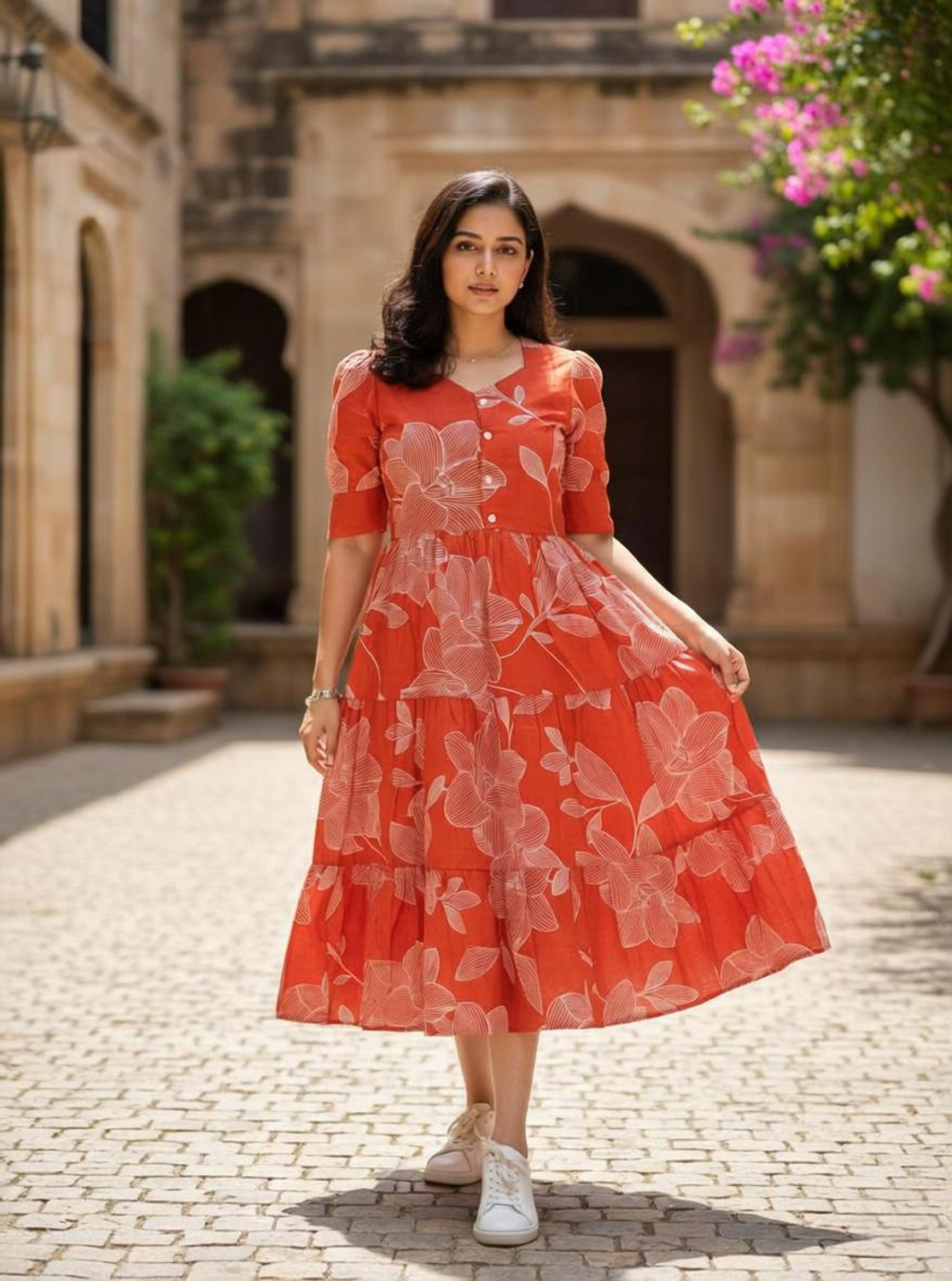 Image of Gulabo Women Fit and Flare Orange Midi /Calf Length Dress