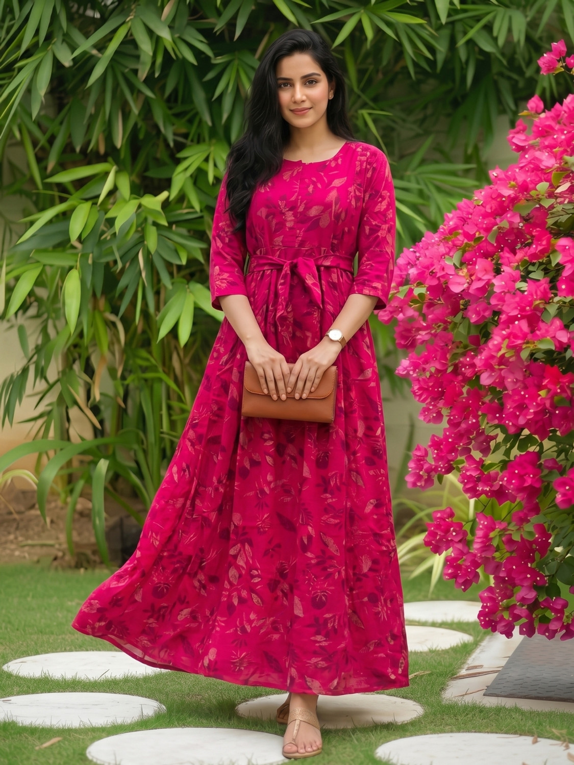 Image of ANUOM Women Fit and Flare Maroon Midi /Calf Length Dress