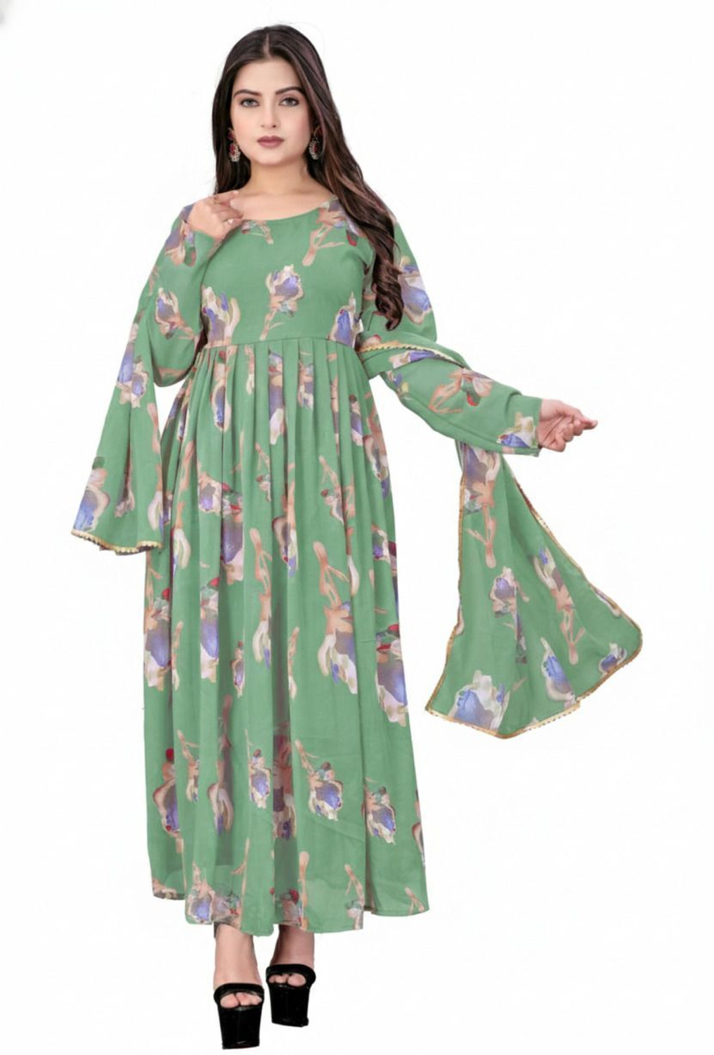Image of LUCKYGARMENT Women Fit and Flare Green Ankle Length Dress