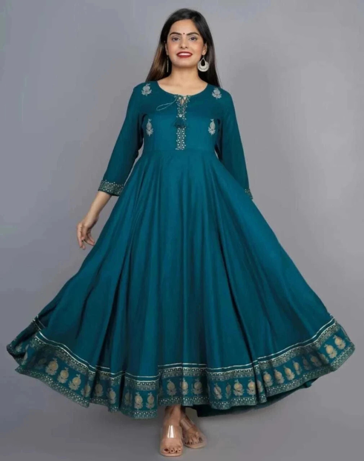 Image of LUCKYGARMENT Women Fit and Flare Green Ankle Length Dress