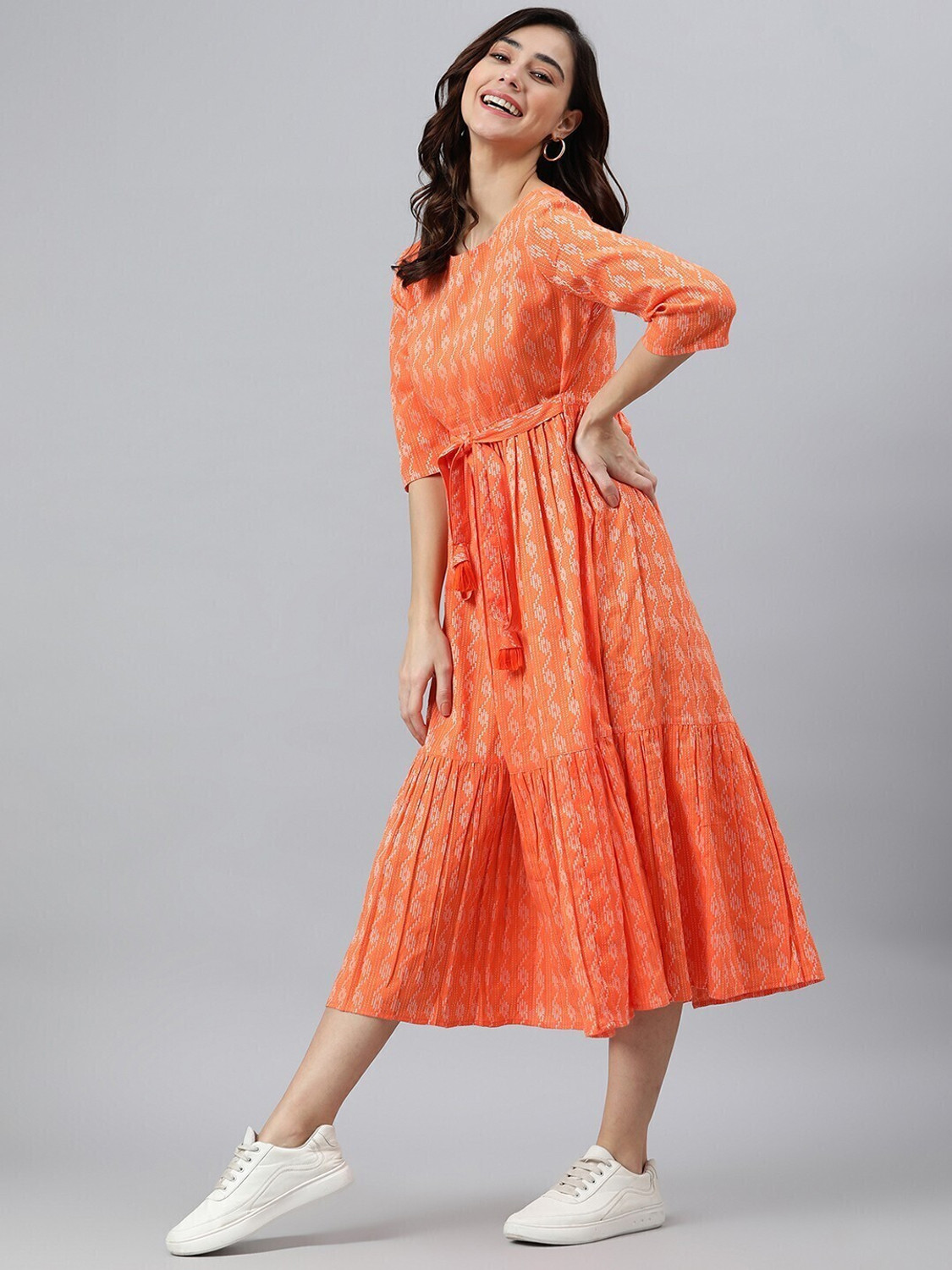 Image of Kharoliya Women Fit and Flare Orange Midi /Calf Length Dress