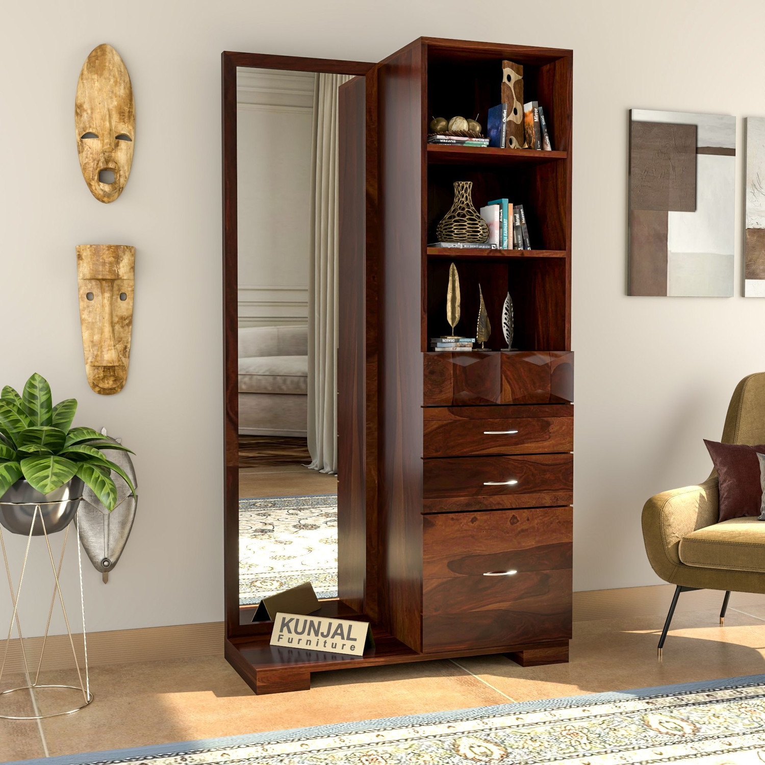 Image of Kunjal Furniture Sheesham Wood Dressing Table With Open Shelves | Drawers & Full Length Mirror | Solid Wood Dressing Table (Finish Color - , Walnut Finish 2, DIY(Do-It-Yourself))