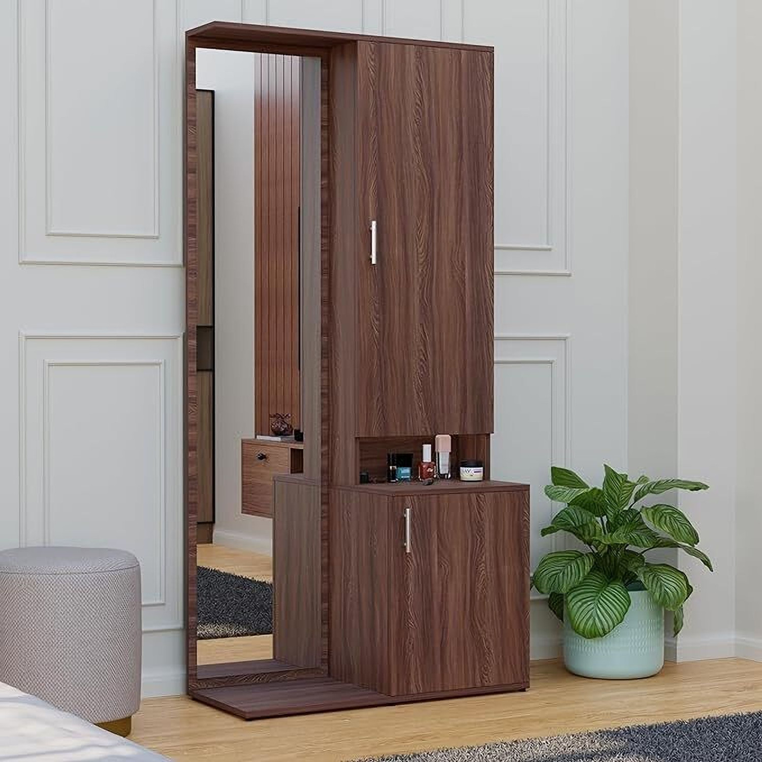 Image of Kunjal Furniture Sheesham Wood Dressing Table With Open Shelves | Drawers & Full Length Mirror | Solid Wood Dressing Table (Finish Color - , Walnut Finish 2, DIY(Do-It-Yourself))