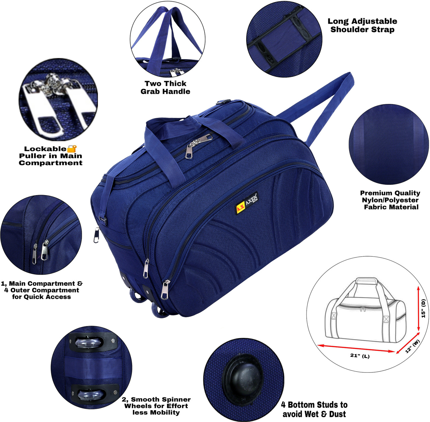 Image of Axen 60 L Strolley Duffel Bag - Combo Set of 3 Unisex Soft Body Luggage Bag, Medium (54 Cm) Travel Duffel Bag - Blue, Brown, Red - Large Capacity