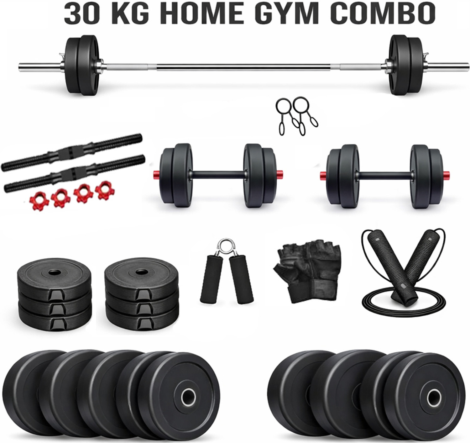 Image of DCS Pro 0.65 kg SPORTS & FITNESS 30kg Home Dumbbell KIT + 3ft Rod with Fitness Accessories Home Gym Combo