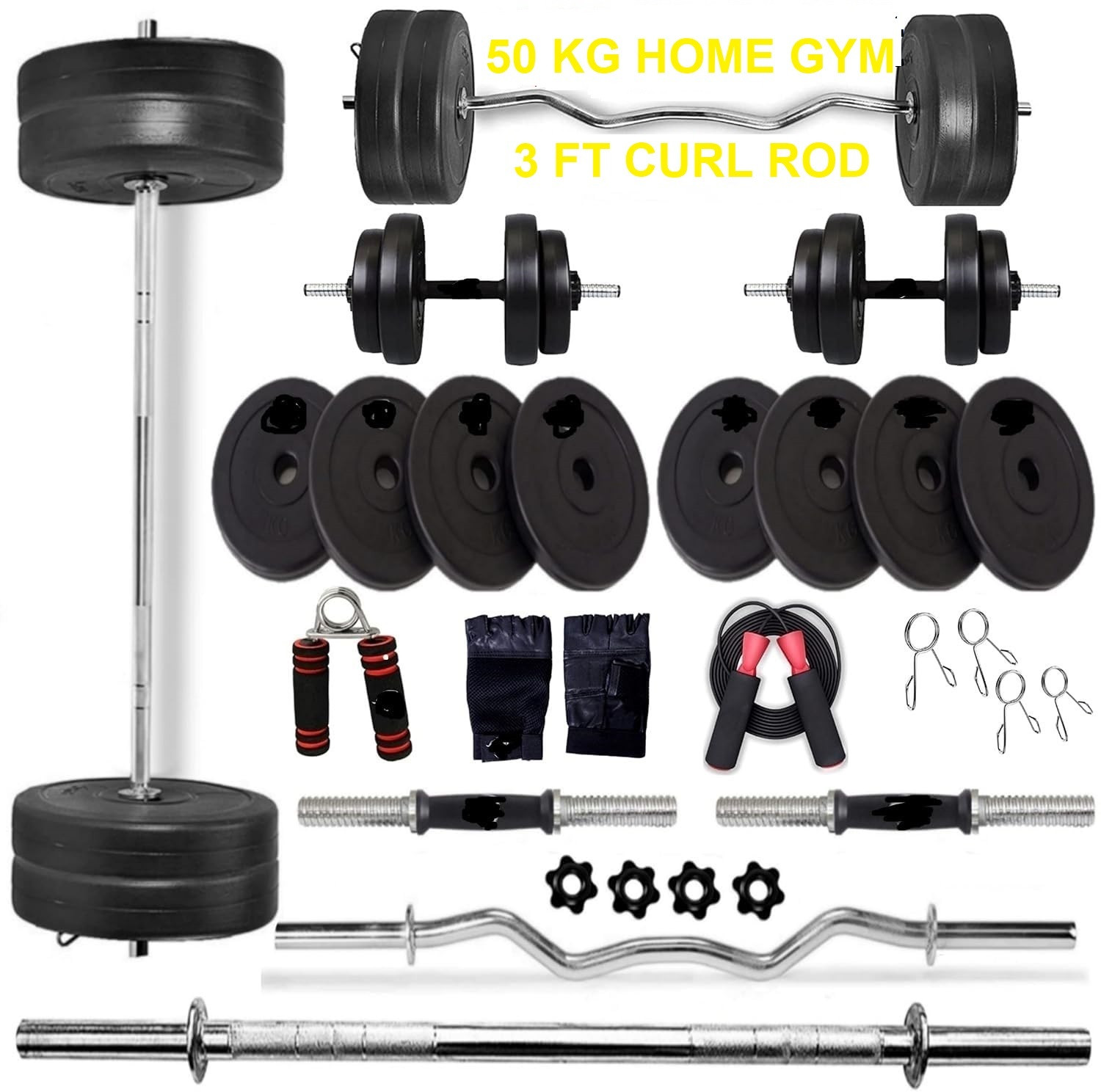 Image of BELLATRIX X 0.4 kg 40KG PVC Weight Set with Dumbbell Rods, 3ft Straight Rod & Acc Gym Home Gym Combo
