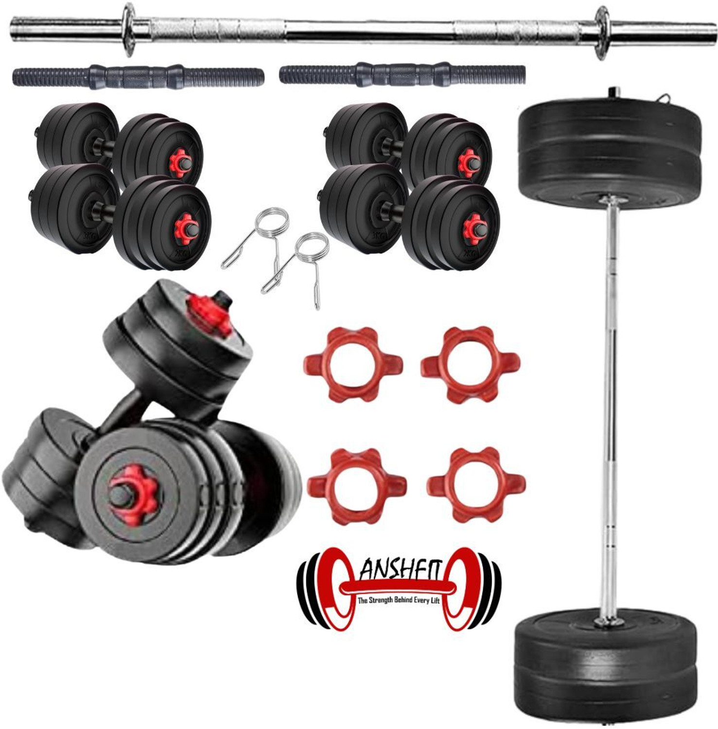 Image of ANSH FIT 0.025 kg 30KG PVC Weight Training Set with Dumbbell Rod Pair & 3ft Straight Bar Home Gym Combo